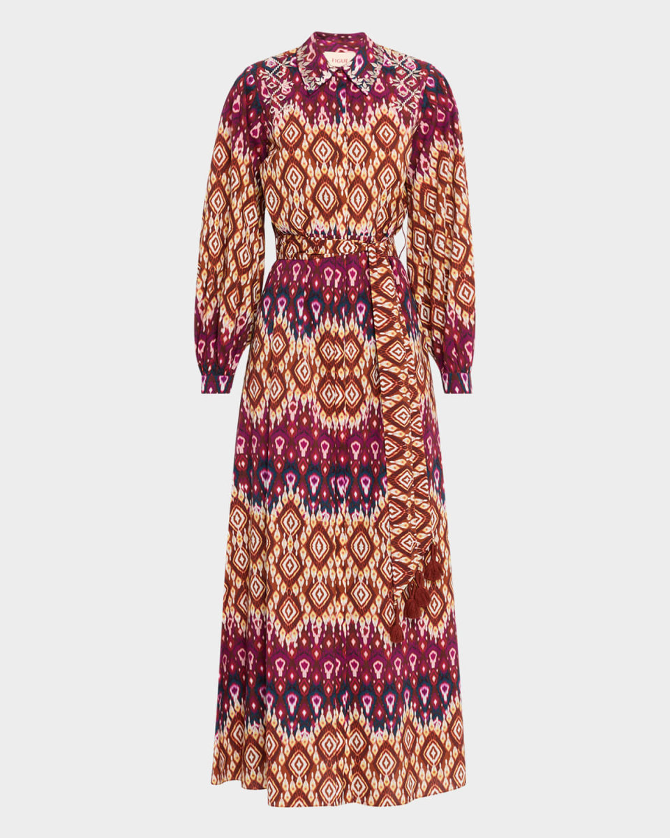 Daisy Medallion-Striped Long-Sleeve Maxi Shirtdress